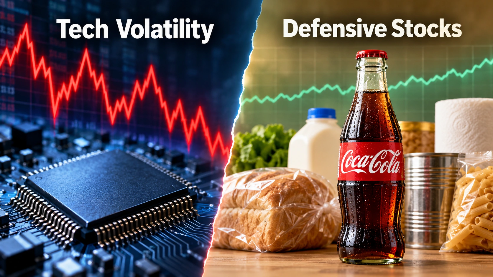 Illustration contrasting volatile semiconductor stocks with Coca-Cola as a defensive consumer-staples investment