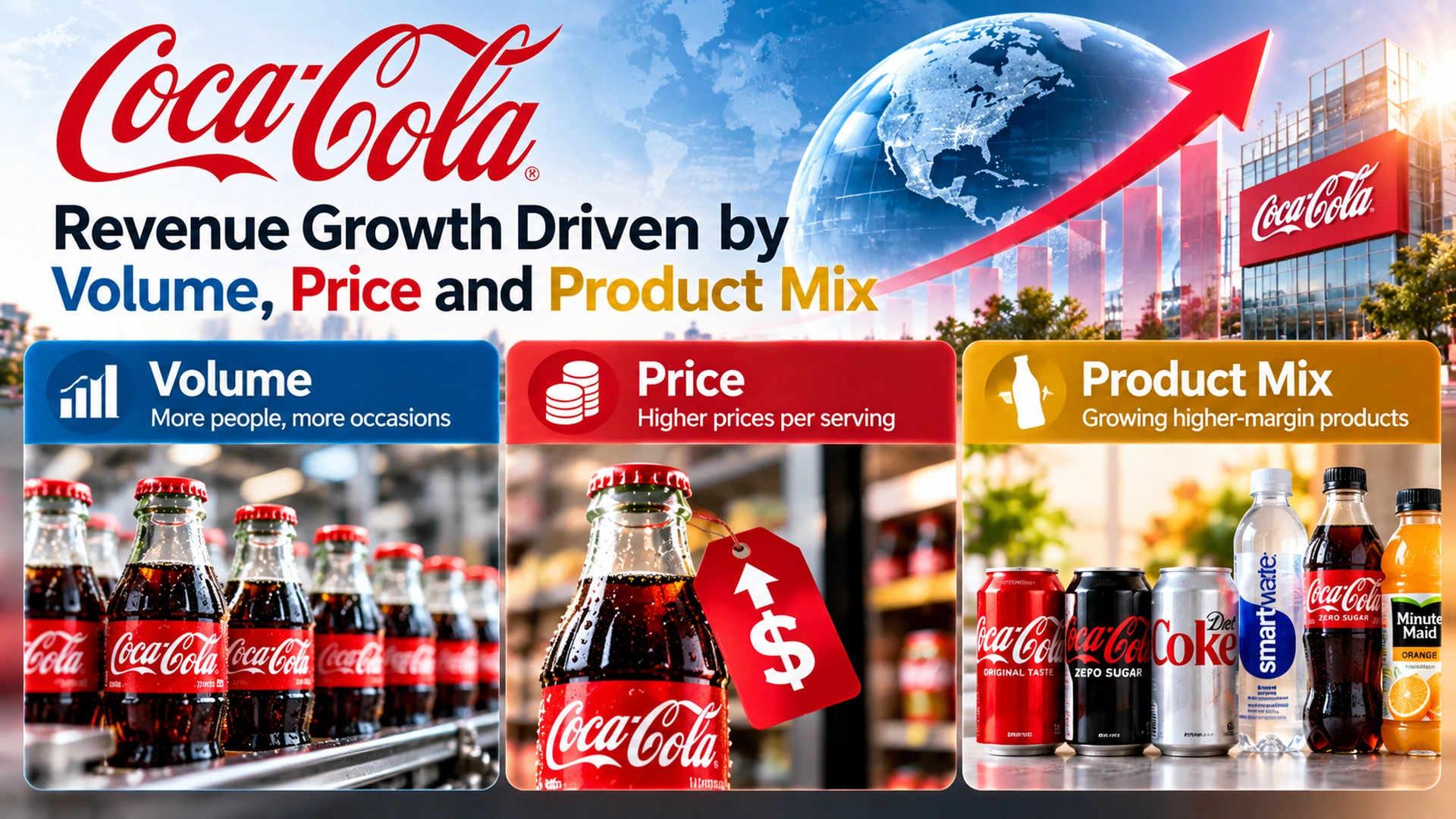 Diagram showing Coca-Cola revenue growth drivers including sales volume, price and product mix