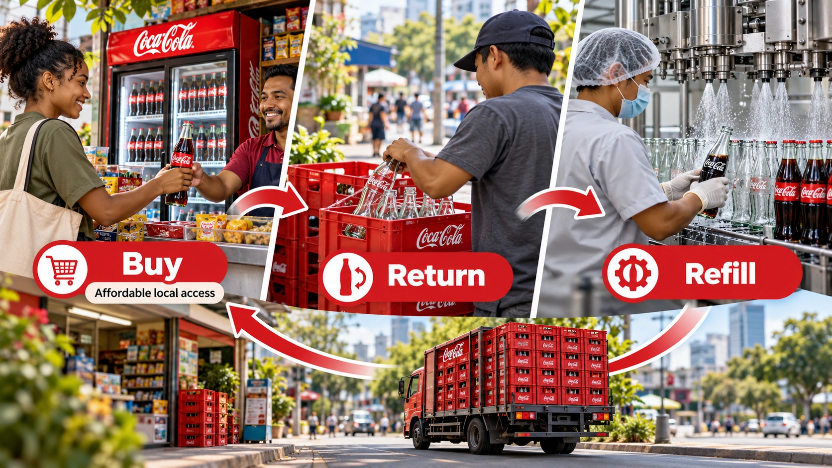 Illustration of a neighborhood store offering affordable Coca-Cola beverages in refillable glass bottles