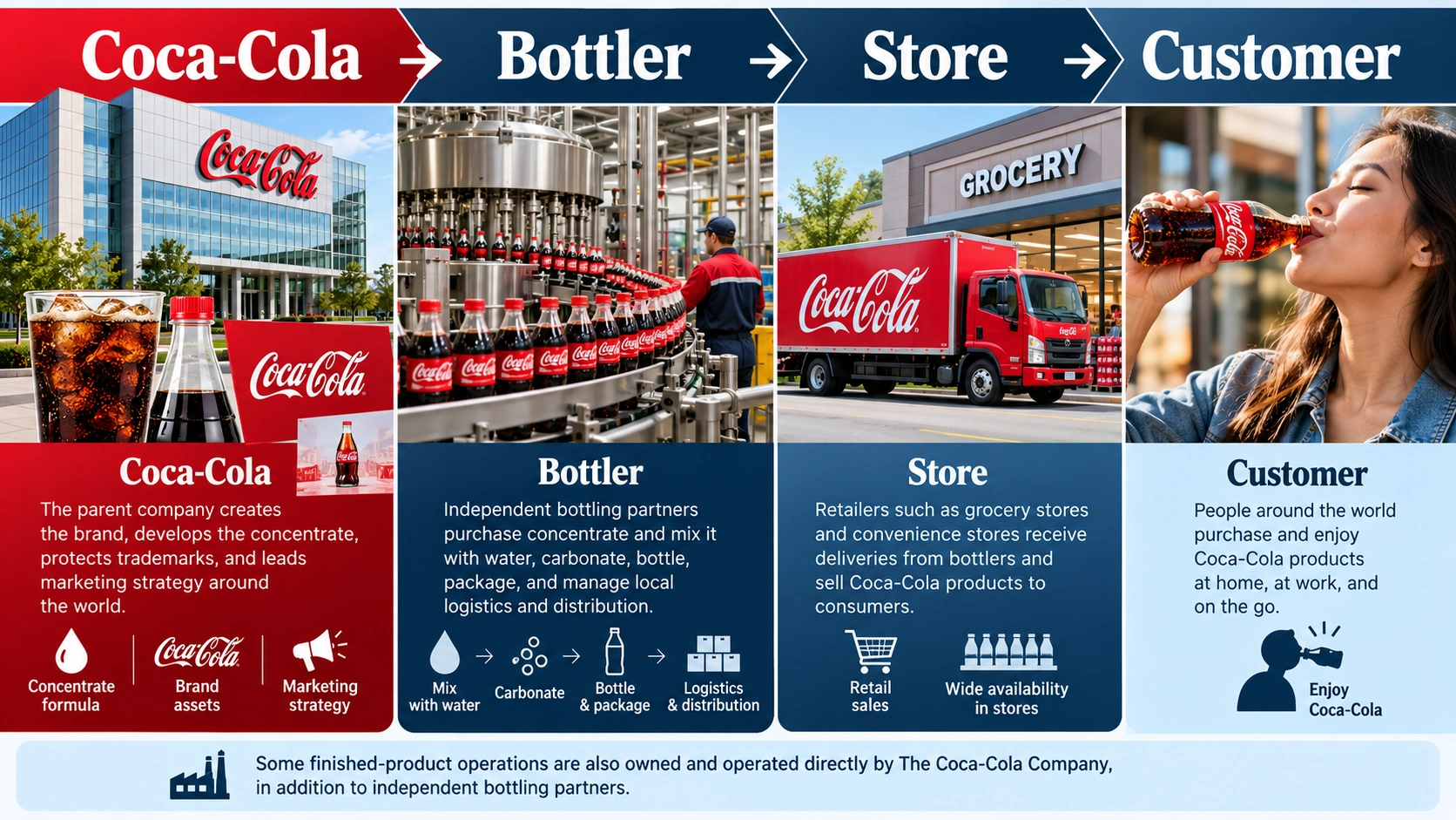 Flow diagram of Coca-Cola concentrate production, bottling partners, retail stores and customers