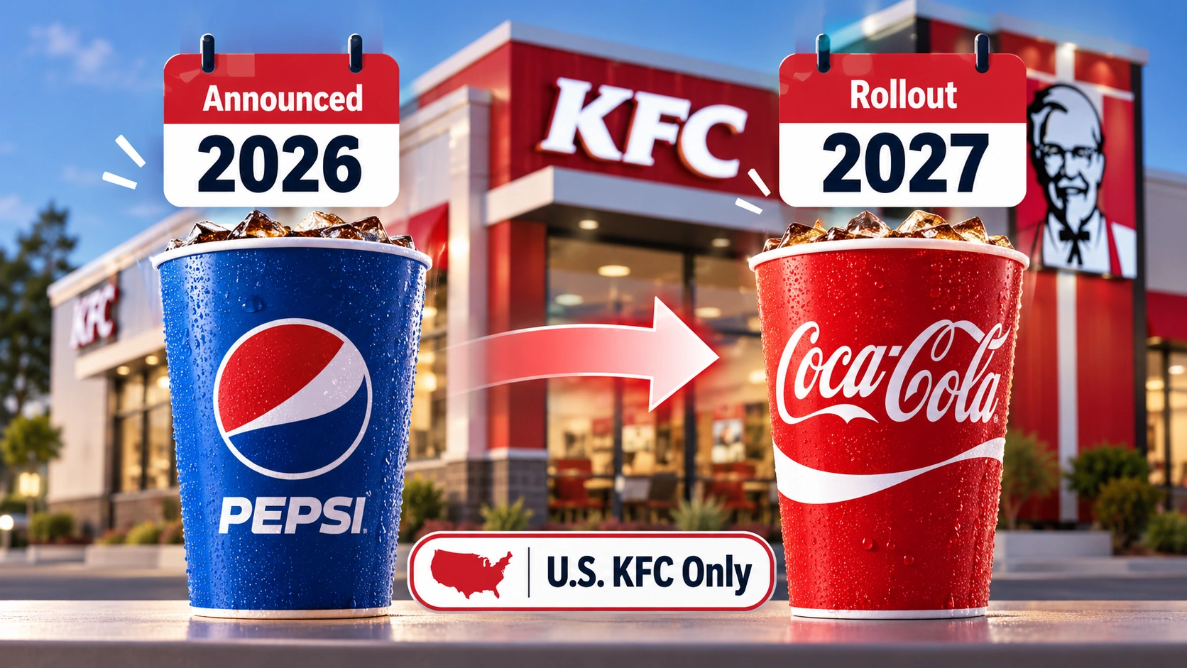 Editorial graphic showing the announced transition from Pepsi drinks to Coca-Cola products at U.S. KFC restaurants in 2027