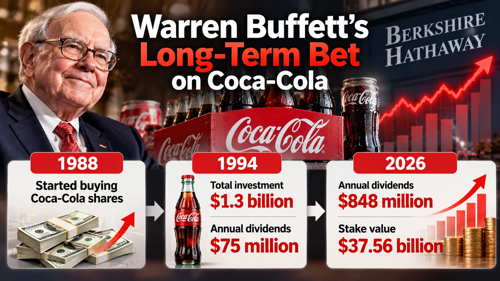 Timeline of Berkshire Hathaway's Coca-Cola investment showing the original cost, shareholding and growing annual dividends