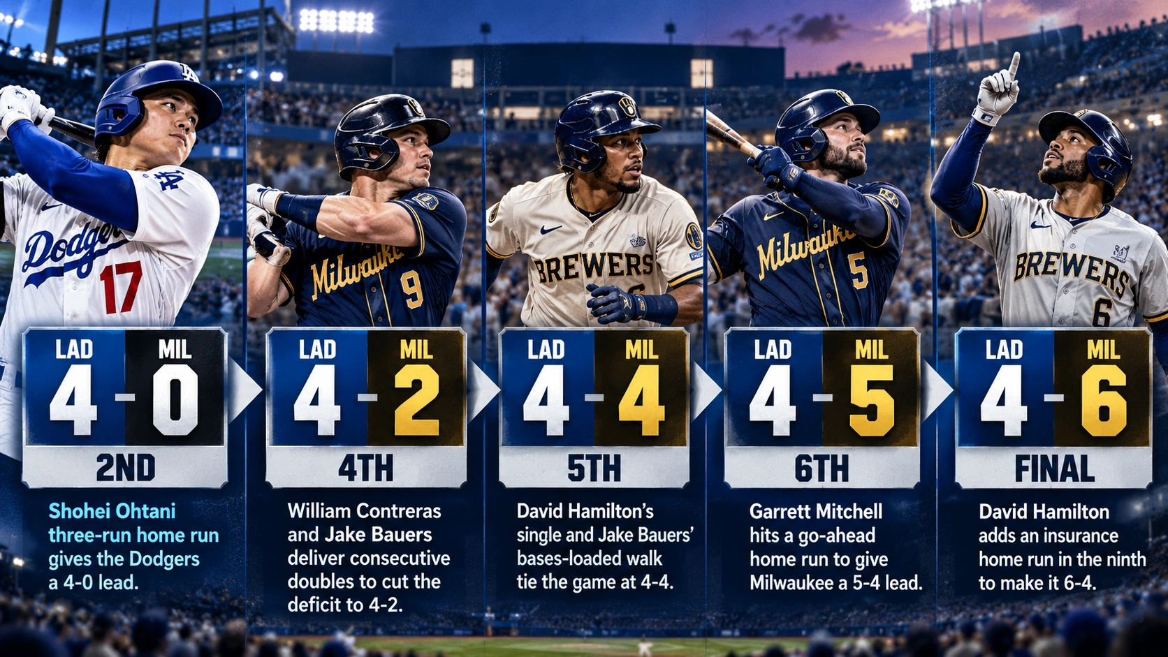 Game 4 timeline showing the Dodgers' 4-0 lead turning into a 6-4 loss to the Brewers
