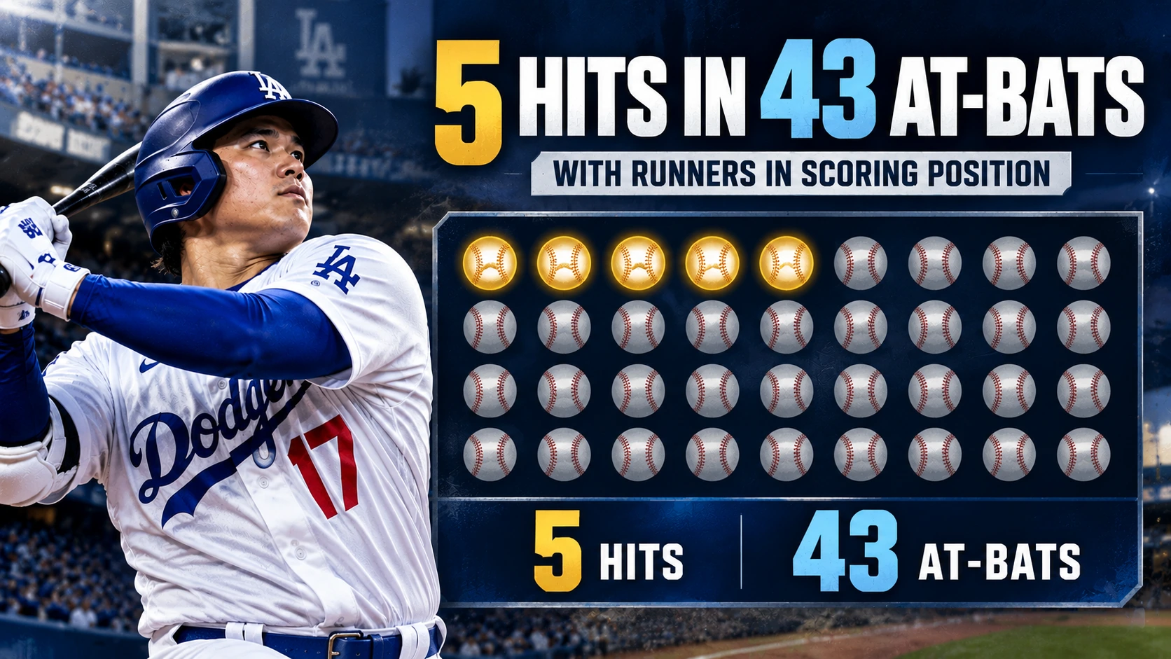 Infographic showing the Dodgers' five hits in 43 at-bats with runners in scoring position during the 2026 postseason