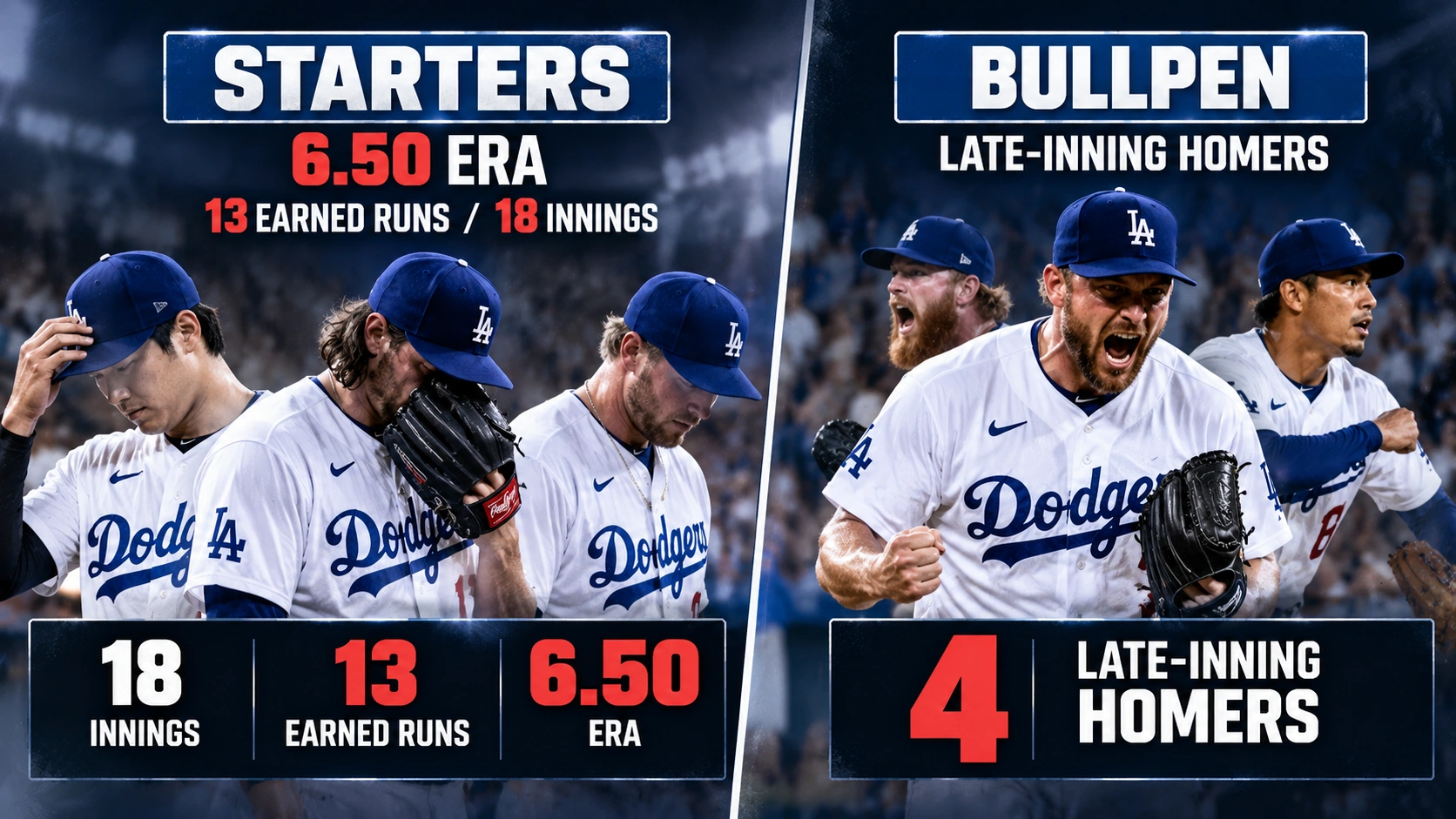Baseball pitching infographic showing the Dodgers' 6.50 starting rotation ERA and critical late-inning runs allowed