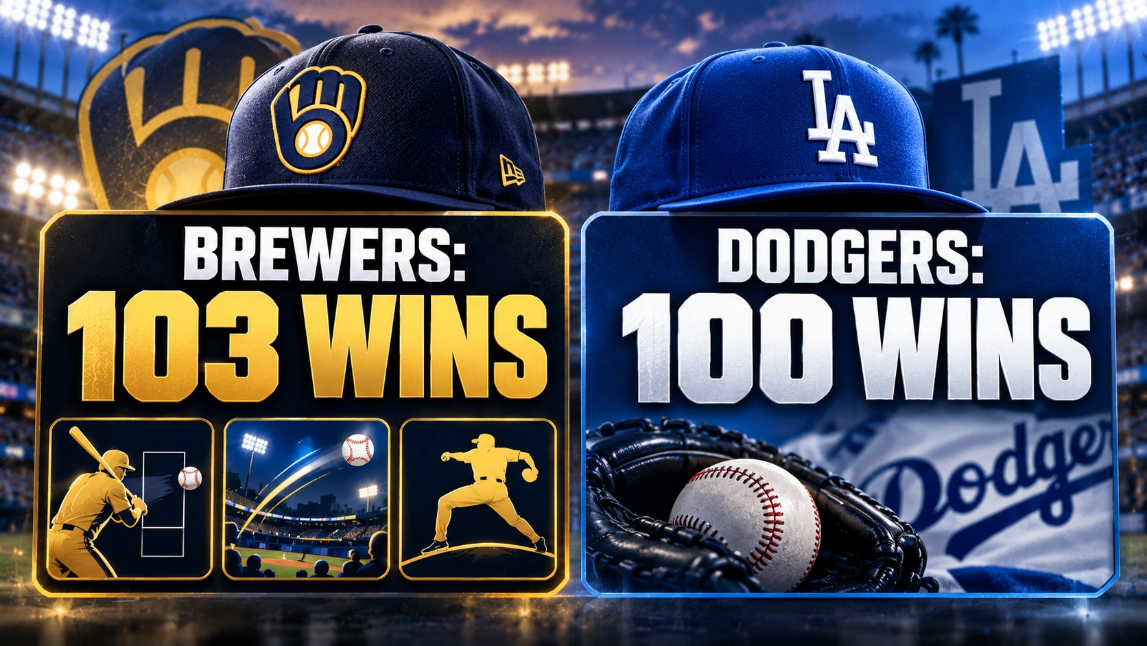 Editorial sports infographic comparing the Brewers' 103 regular-season wins with the Dodgers' 100 wins and highlighting Milwaukee's bullpen and clutch hitting