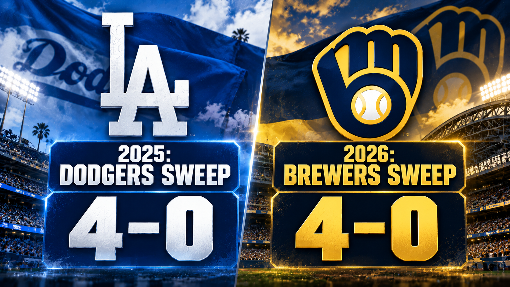 Comparison infographic showing the Dodgers sweeping the Brewers in the 2025 NLCS and the Brewers sweeping the Dodgers in 2026