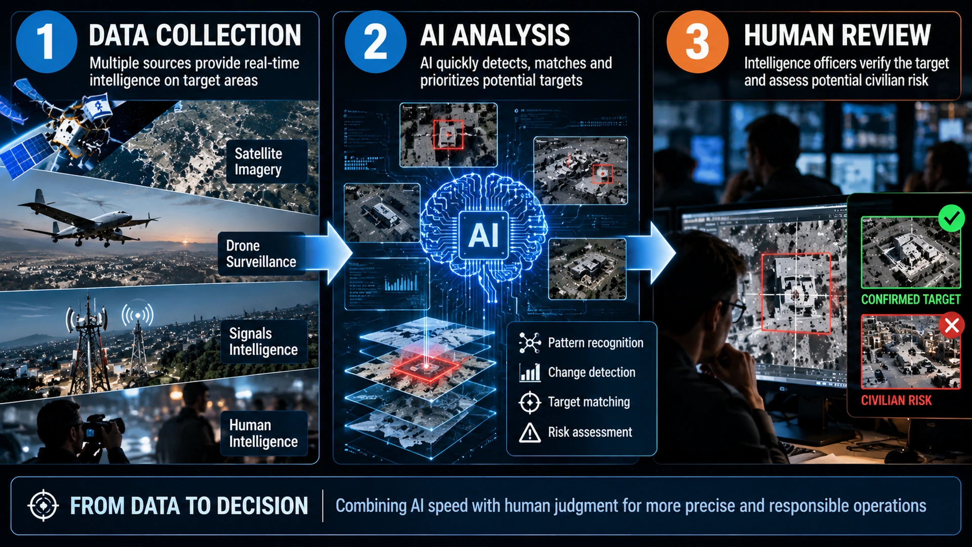 Editorial infographic showing artificial intelligence processing surveillance data while a human analyst reviews uncertain targeting information