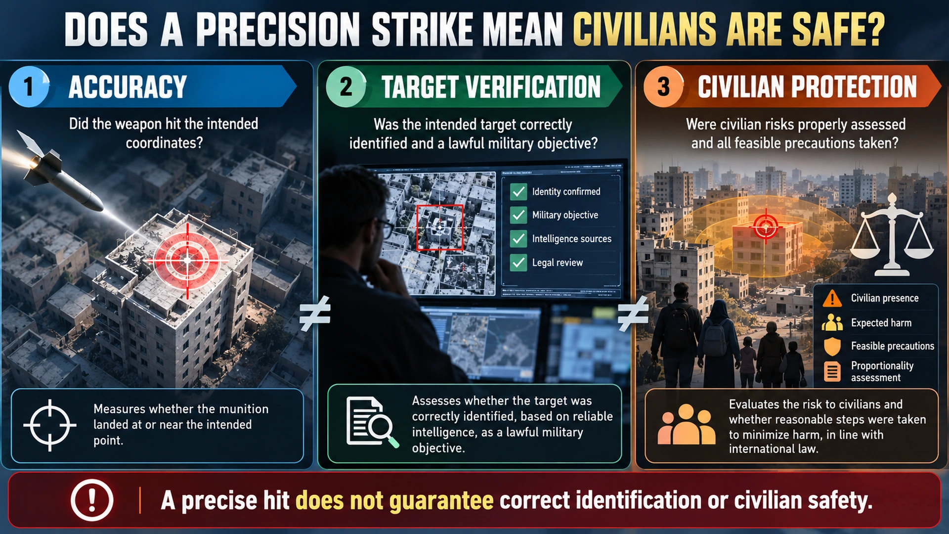 Conceptual infographic distinguishing weapon accuracy, military target identification, and protection of civilians under international humanitarian law