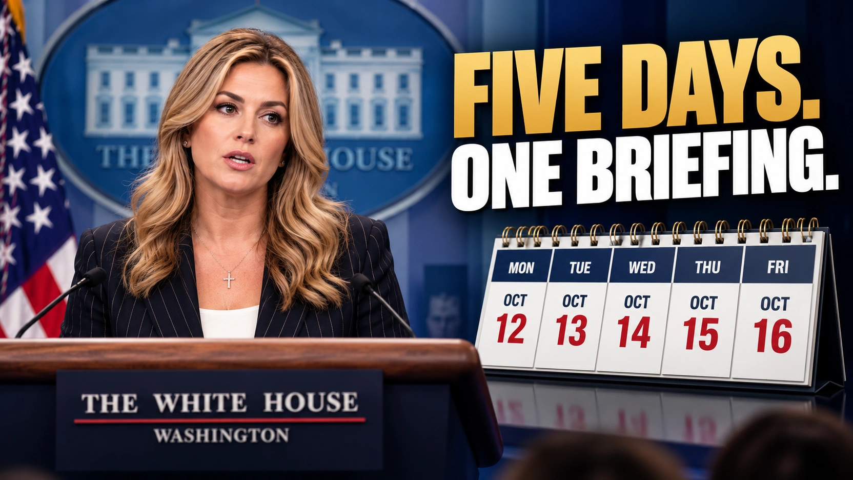 Editorial illustration of Katie Zacharia at the White House briefing podium beside a five-day calendar