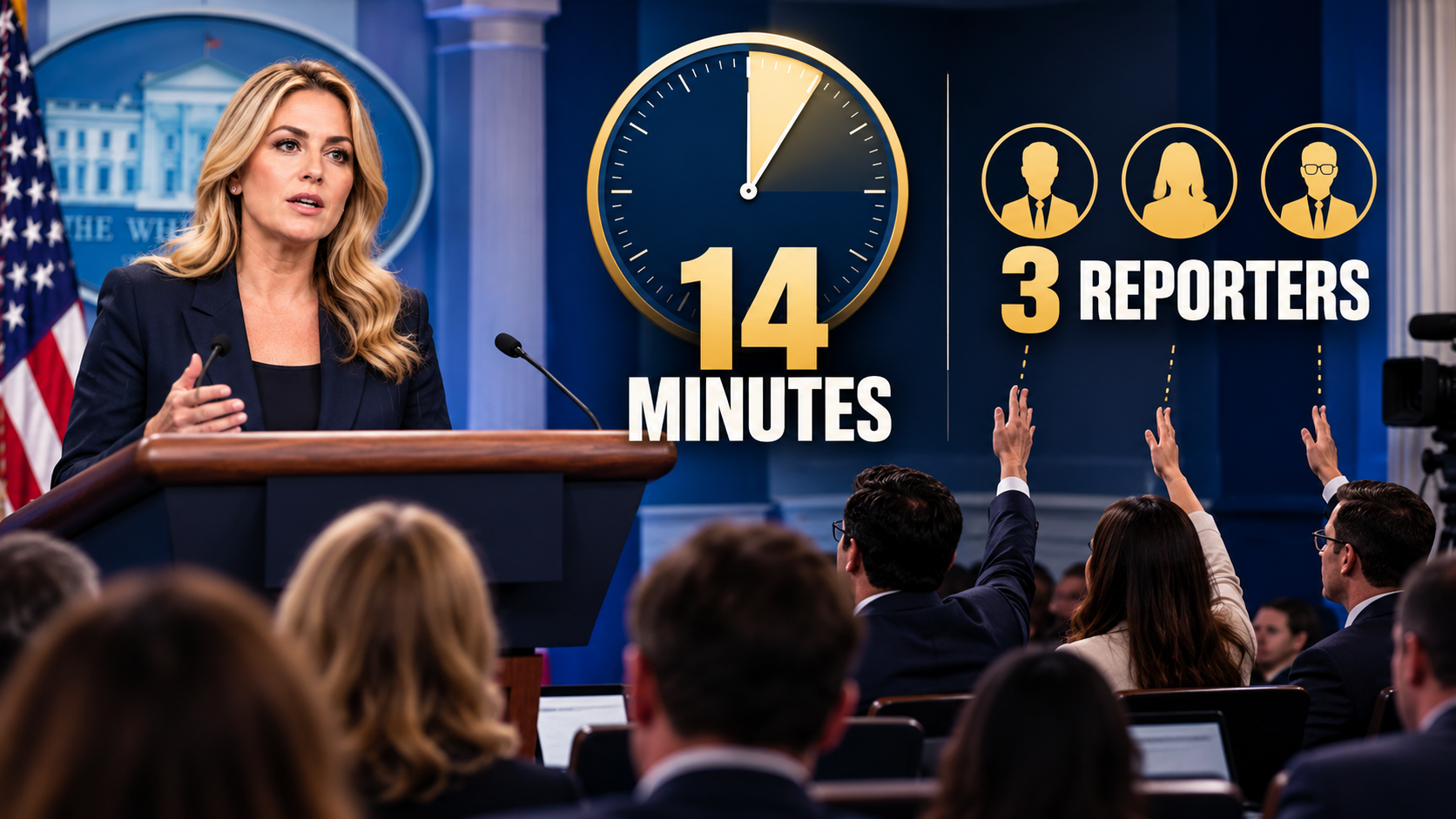 Editorial infographic contrasting a 14-minute White House briefing with reporters waiting to ask questions