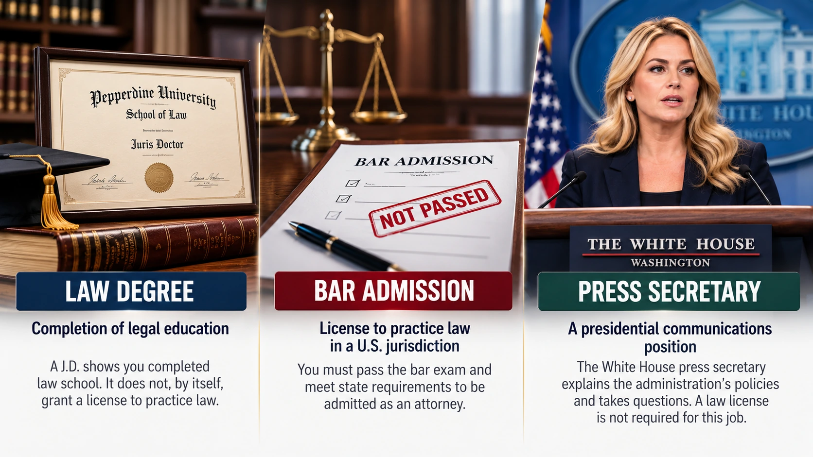 Comparison showing that a law degree and a bar license are different legal qualifications