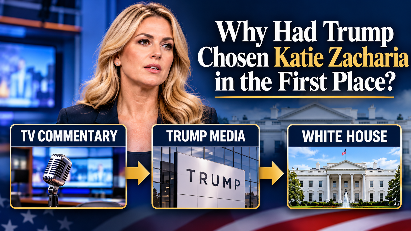 Career-path infographic tracing Katie Zacharia's media and communications work to the White House