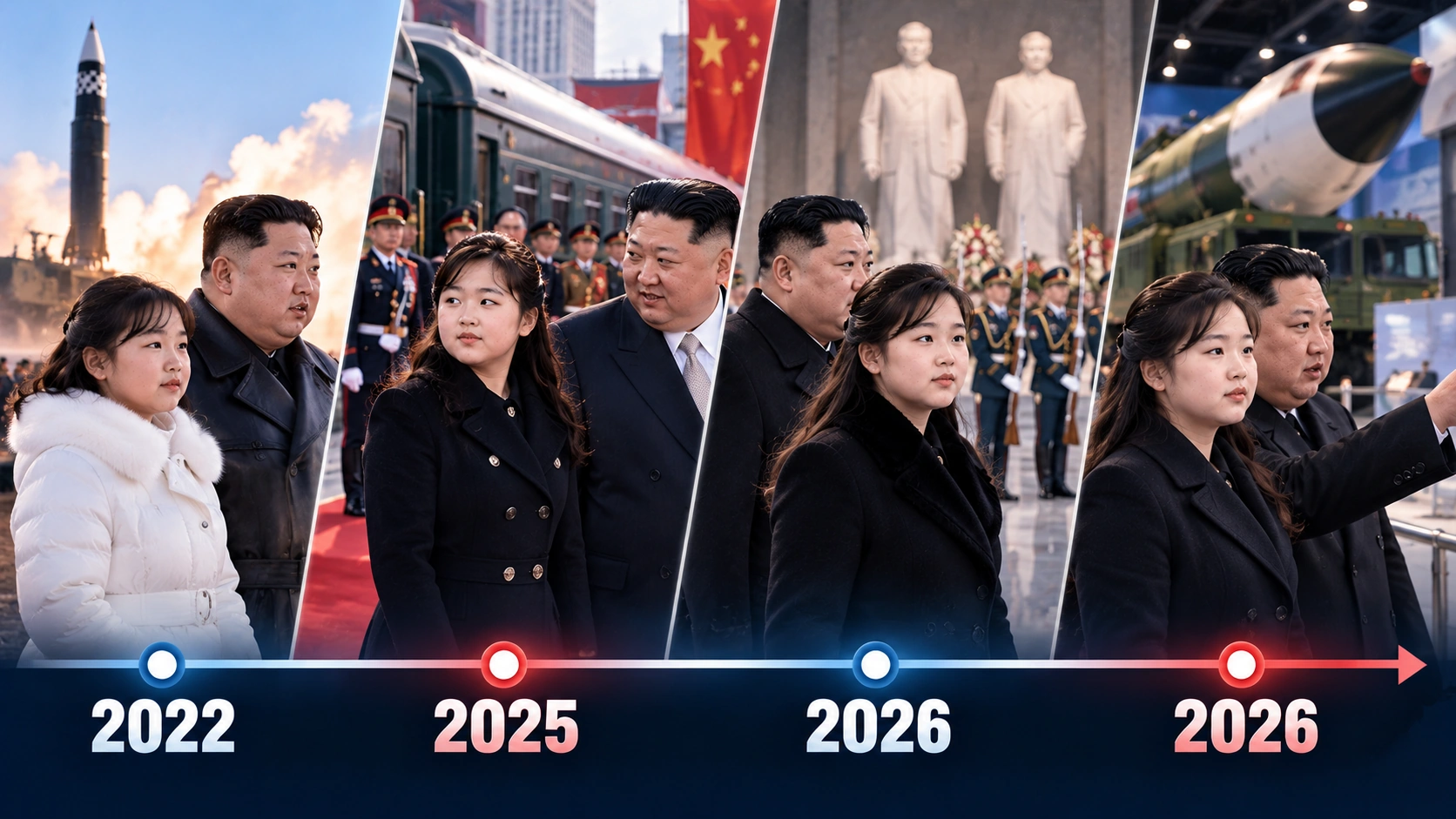 Illustrated timeline of Kim Ju Ae's public appearances from a 2022 missile launch to military and ceremonial events in 2026
