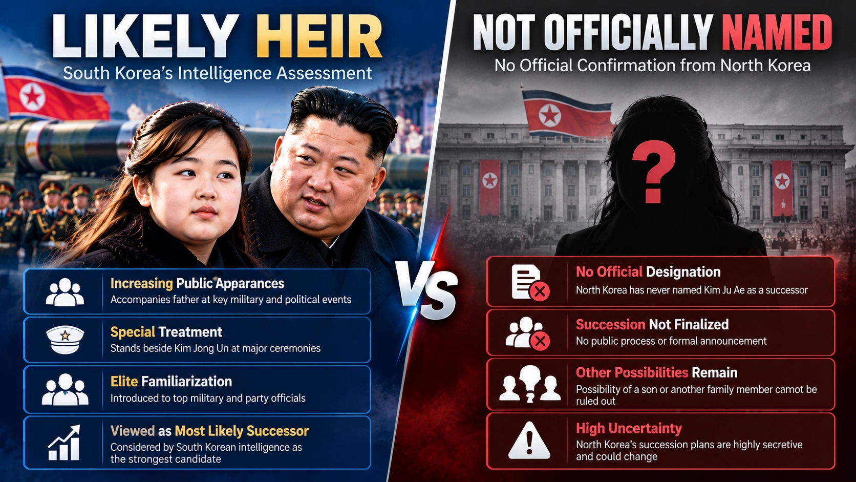 Two-column infographic contrasting South Korea's intelligence assessment with North Korea's lack of an official succession announcement
