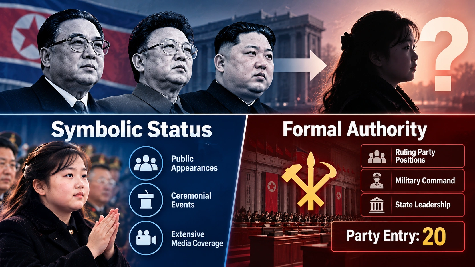 Infographic contrasting the symbolic prominence of Kim Ju Ae with the formal party offices and military authority required for leadership
