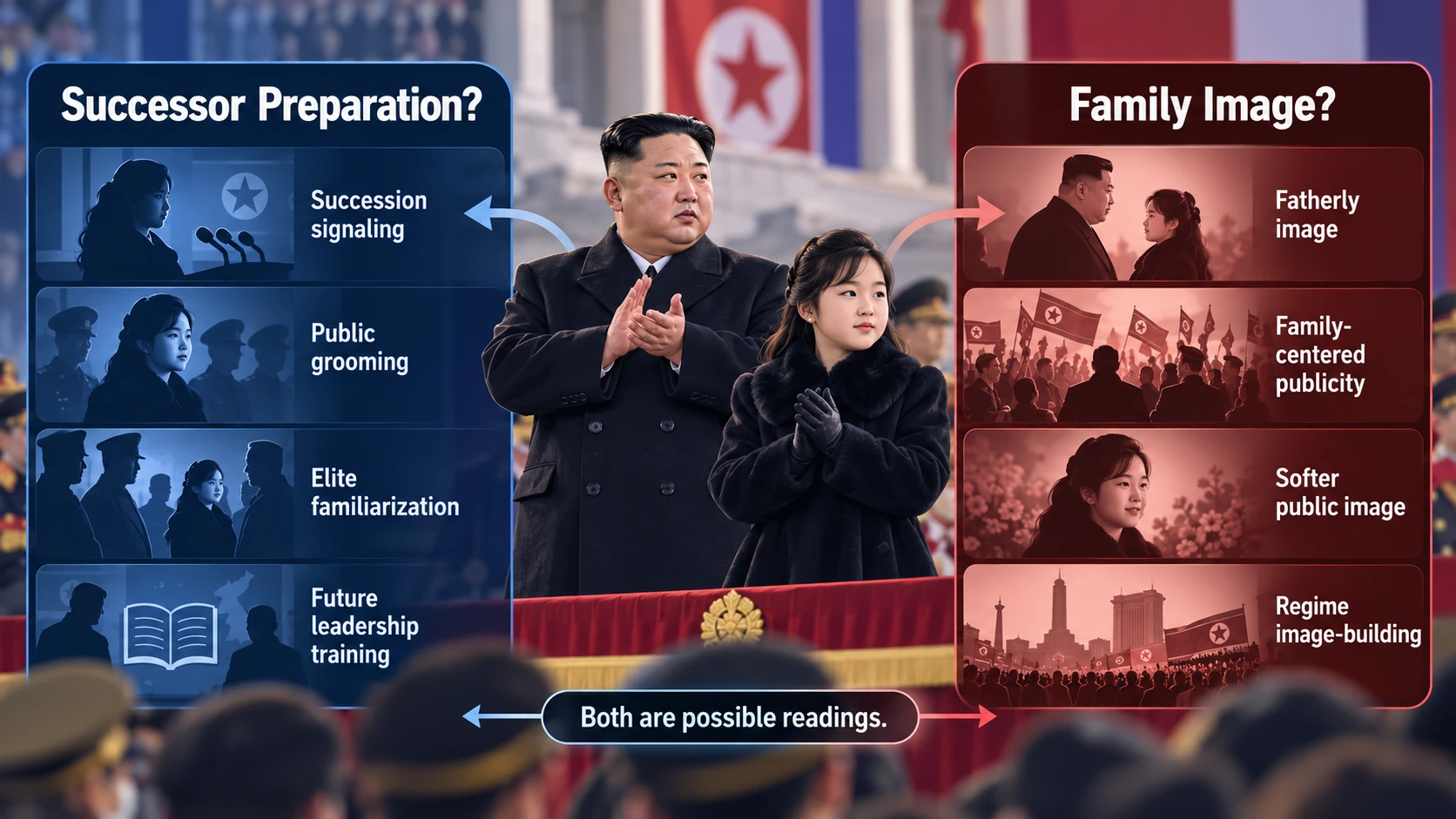 Balanced editorial comparison of two interpretations of Kim Ju Ae's appearances: succession preparation and Kim Jong Un's family-centered public image