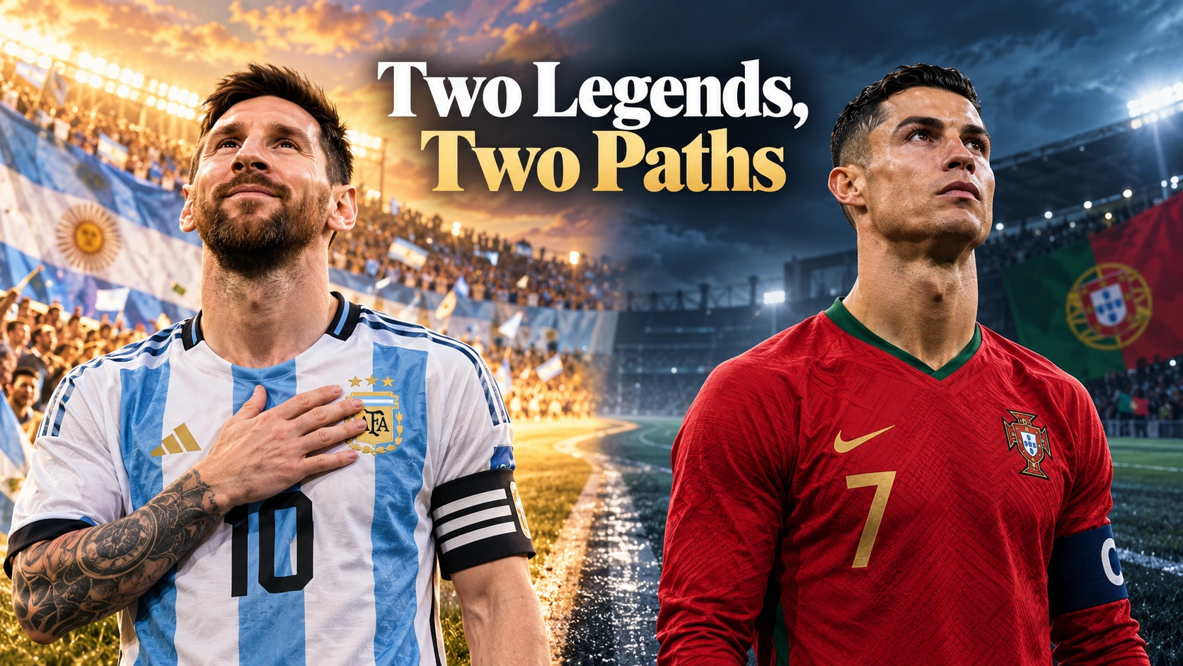 Editorial illustration contrasting Lionel Messi's Argentina farewell with Cristiano Ronaldo's uncertain Portugal national-team future