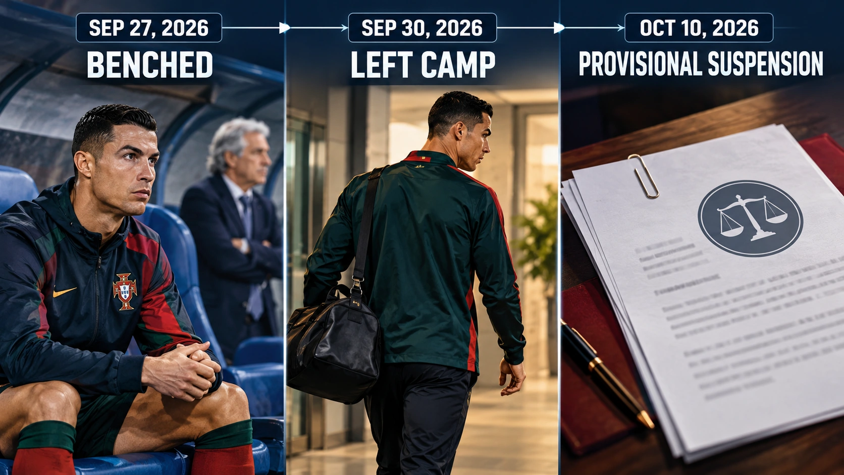 Timeline showing Ronaldo's unused substitute appearance, departure from Portugal camp, and subsequent disciplinary proceedings