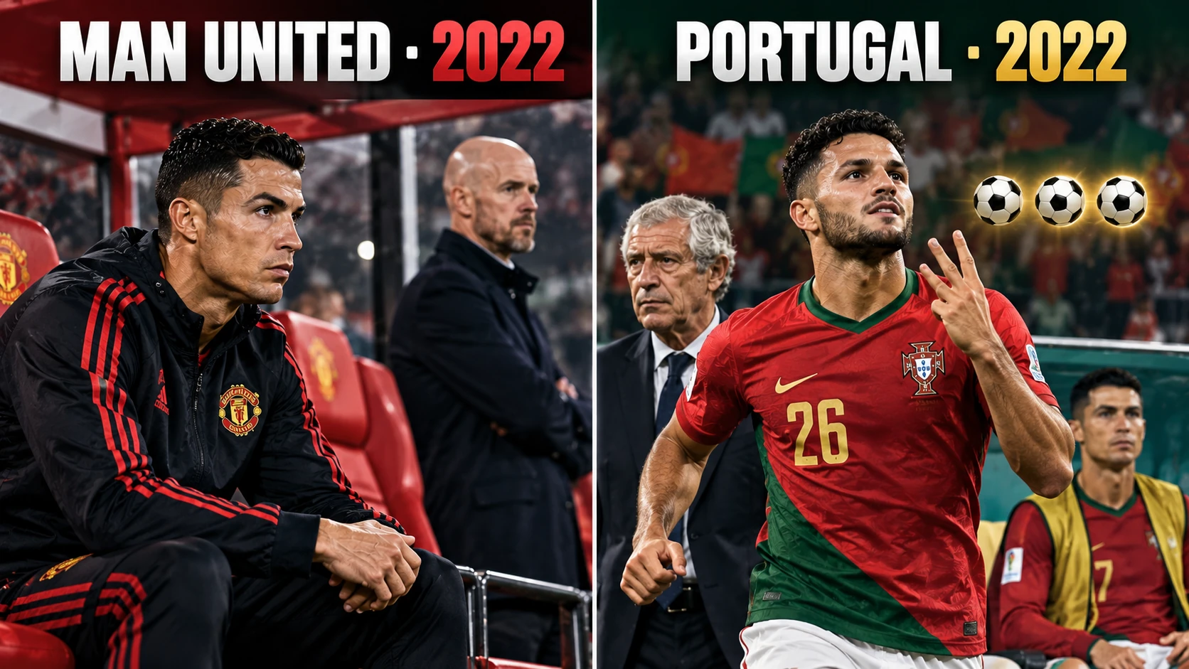 Historical comparison of Ronaldo's Manchester United disagreement in 2022 and Goncalo Ramos replacing him against Switzerland at the 2022 World Cup