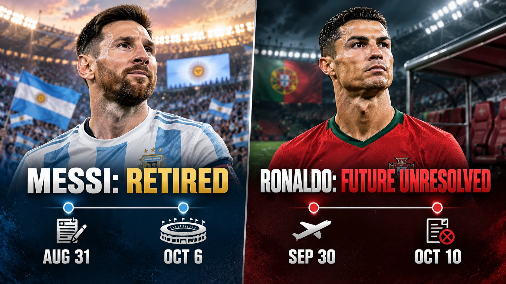 Side-by-side timeline comparing Messi's announced Argentina retirement and farewell match with Ronaldo's Portugal camp departure and pending disciplinary case