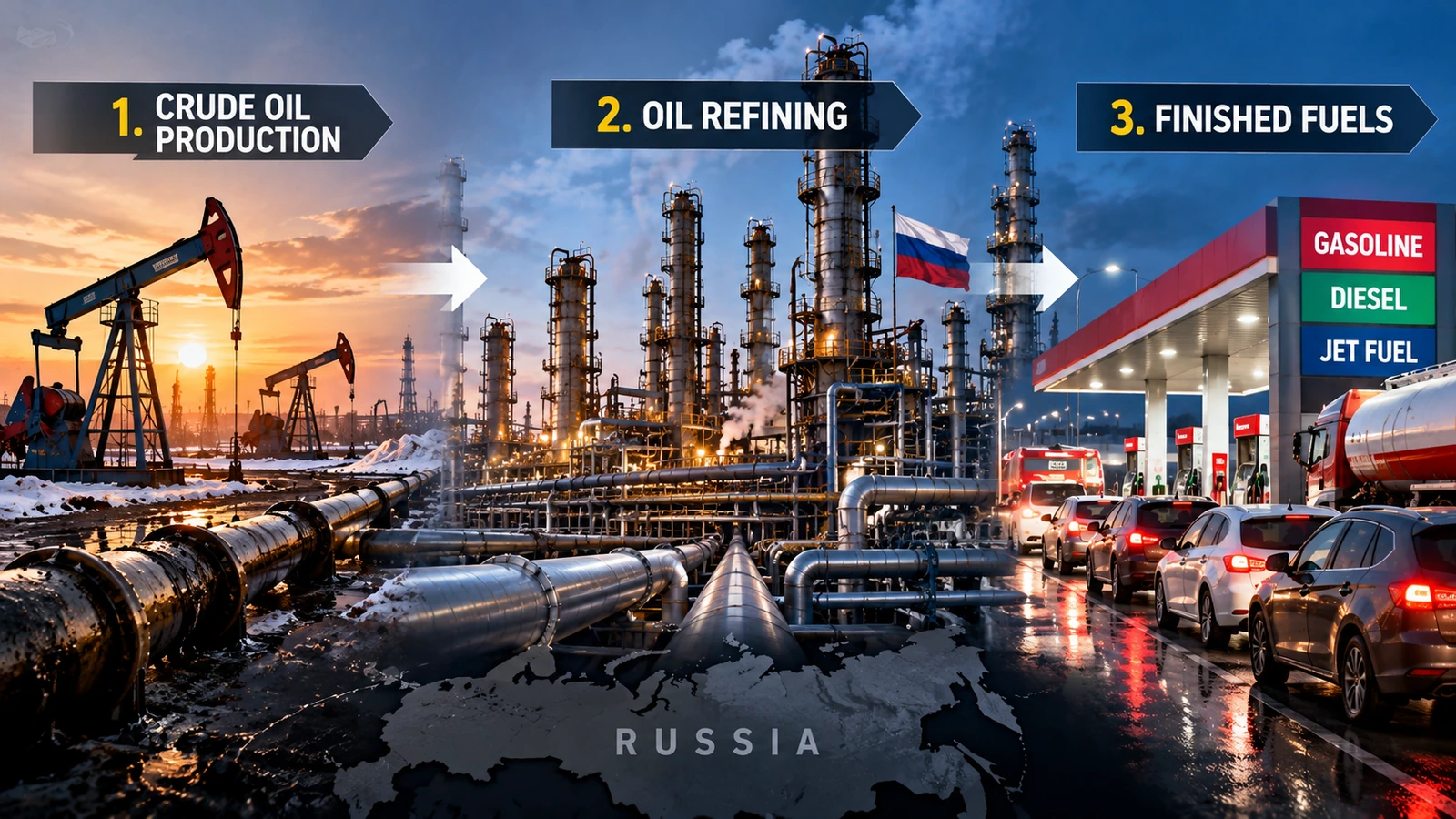 Diagram showing how crude oil moves through a refinery to become gasoline, diesel, and jet fuel