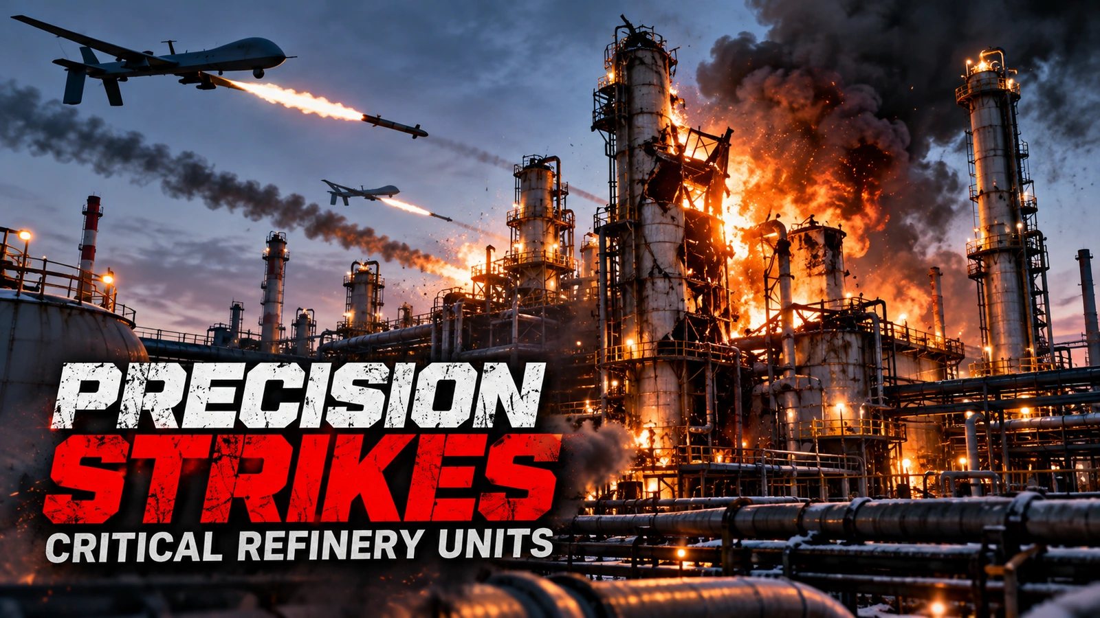 Illustration explaining how Ukrainian drone strikes have damaged key processing units at Russian oil refineries