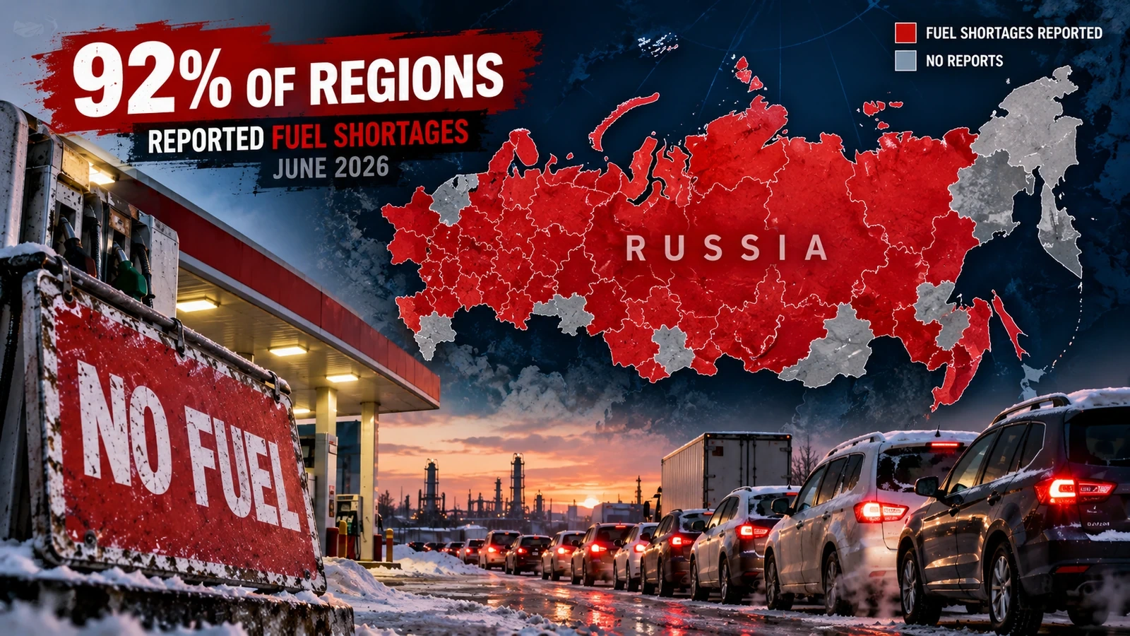 Infographic illustrating widespread Russian fuel shortages and regional gasoline purchase restrictions during summer 2026