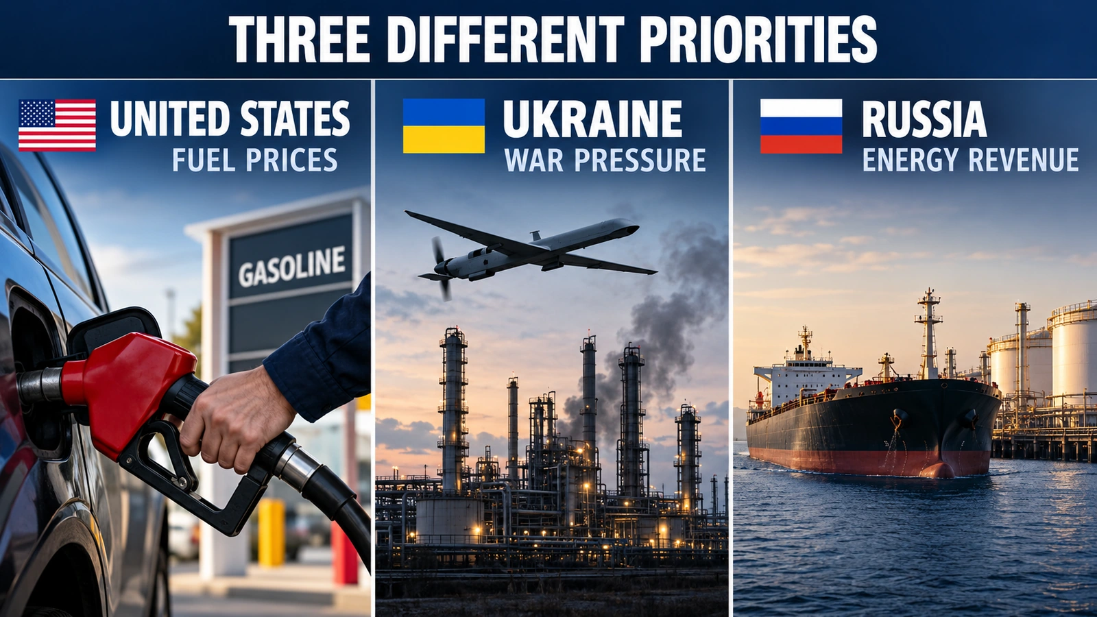 Editorial infographic comparing the United States' fuel-price priorities, Ukraine's refinery strike strategy, and Russia's interest in energy exports