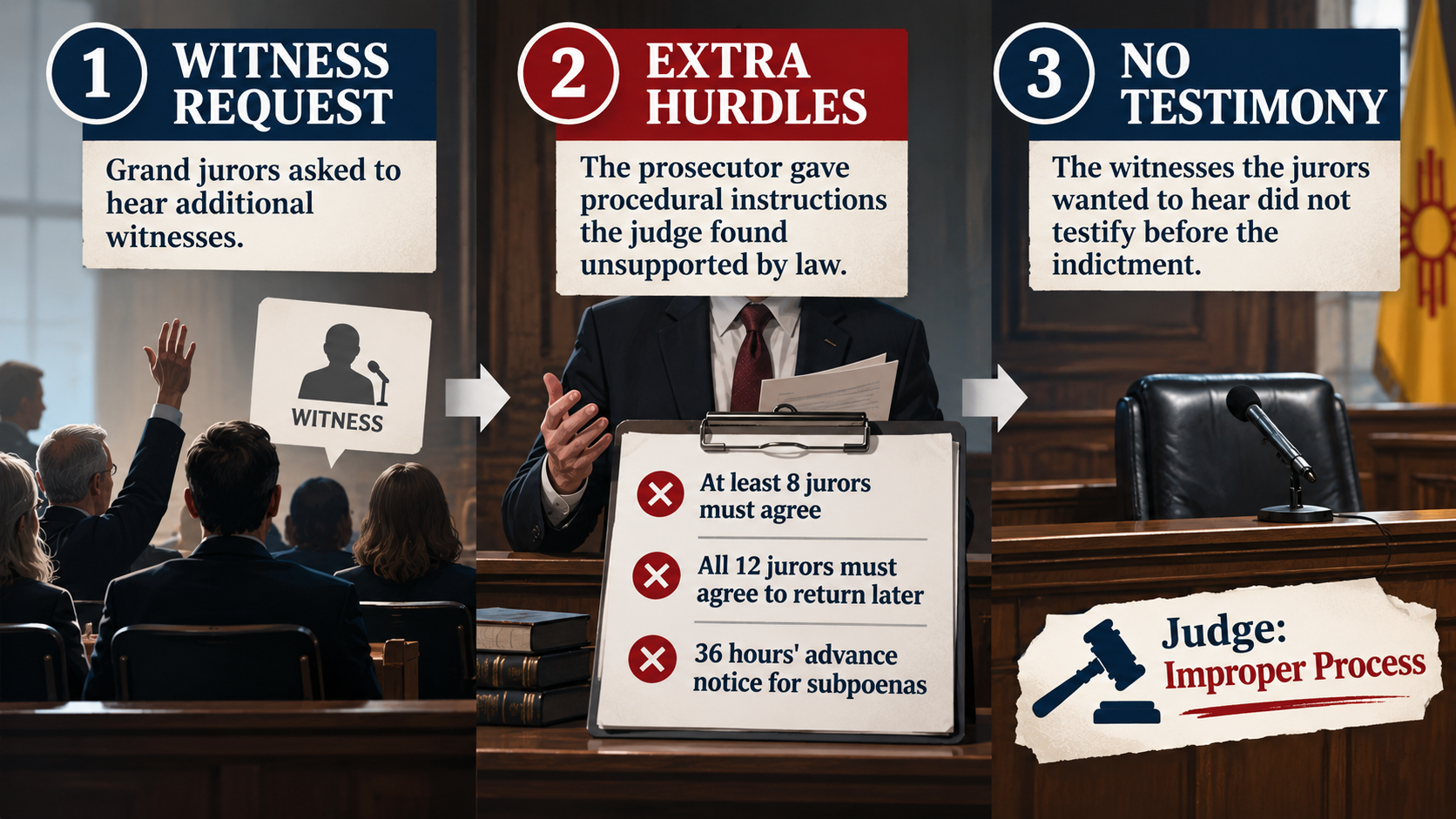 Diagram showing grand jurors requesting witnesses and the unsupported procedural hurdles identified by the New Mexico judge