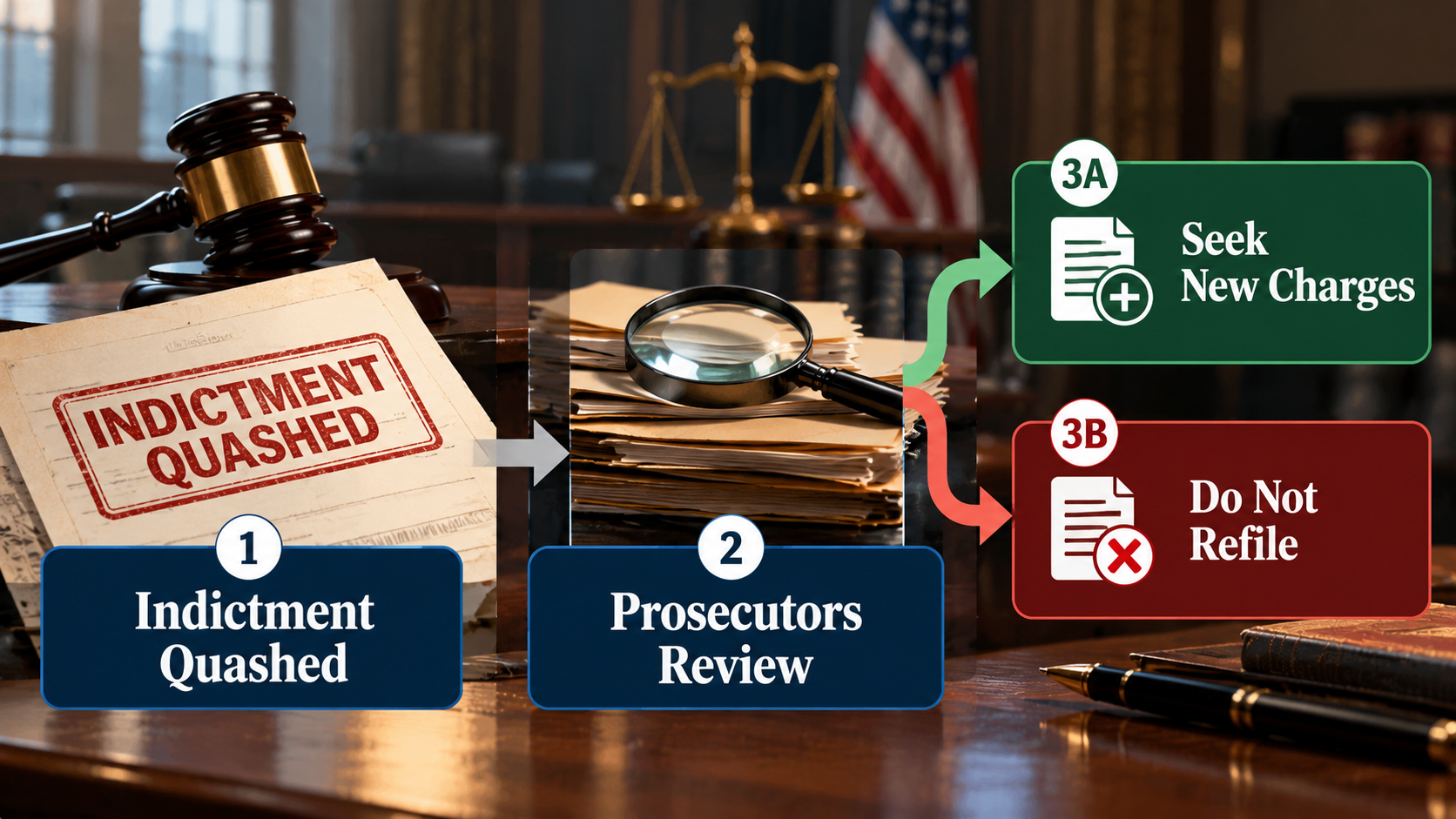 Decision tree showing possible next steps after Timothy Busfield's indictment was quashed