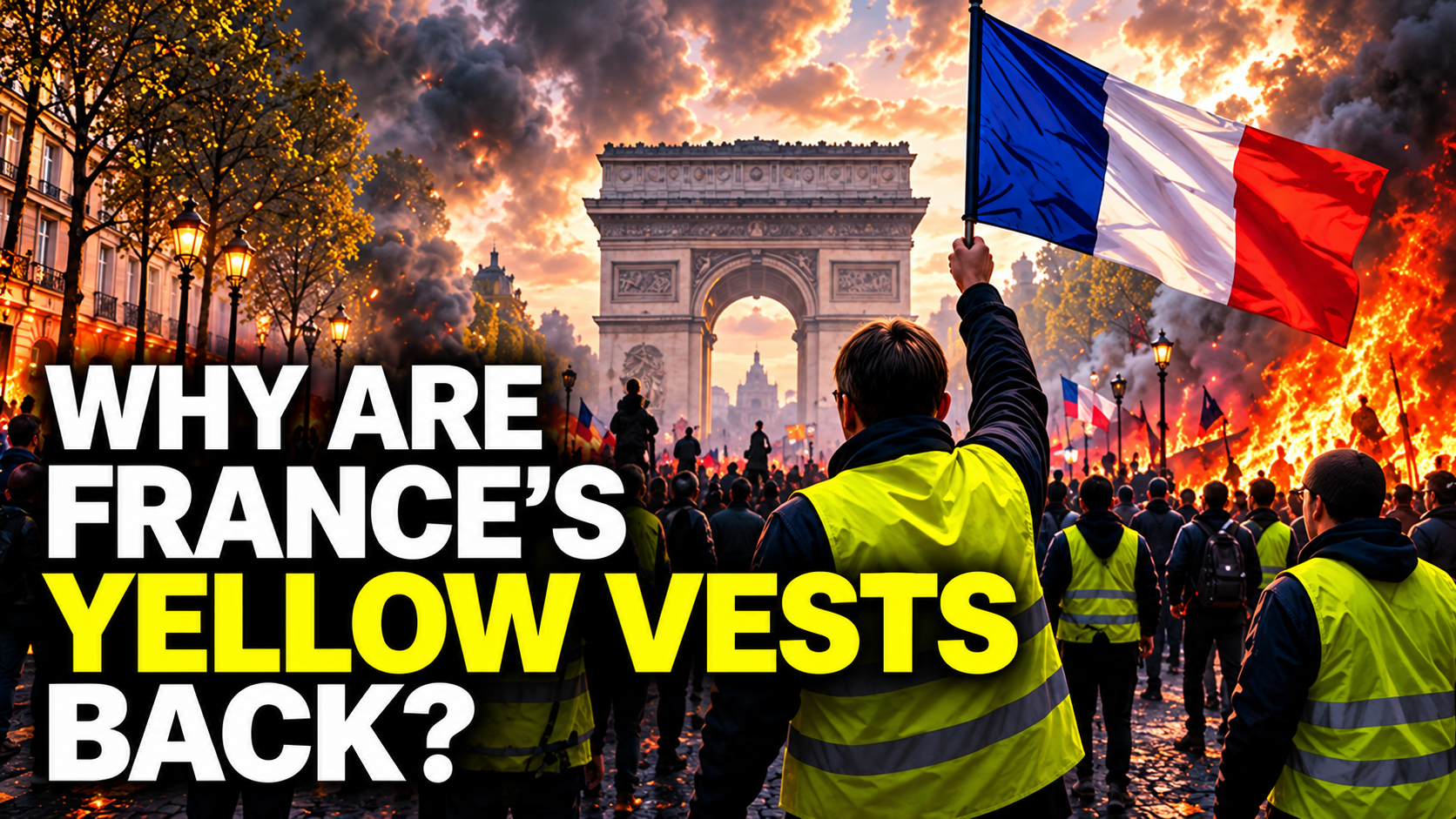 Editorial illustration of French students and Yellow Vest demonstrators gathering in Paris beneath a dramatic but restrained city skyline