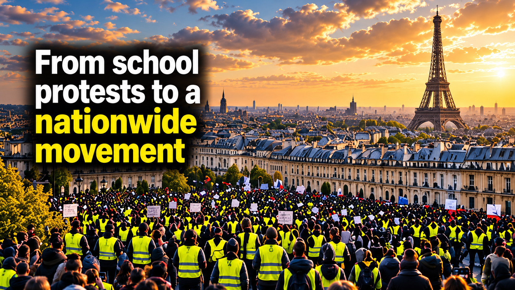 Forward-looking diagram showing three developments to watch in France: education talks, accountability for violence, and the 2027 presidential election