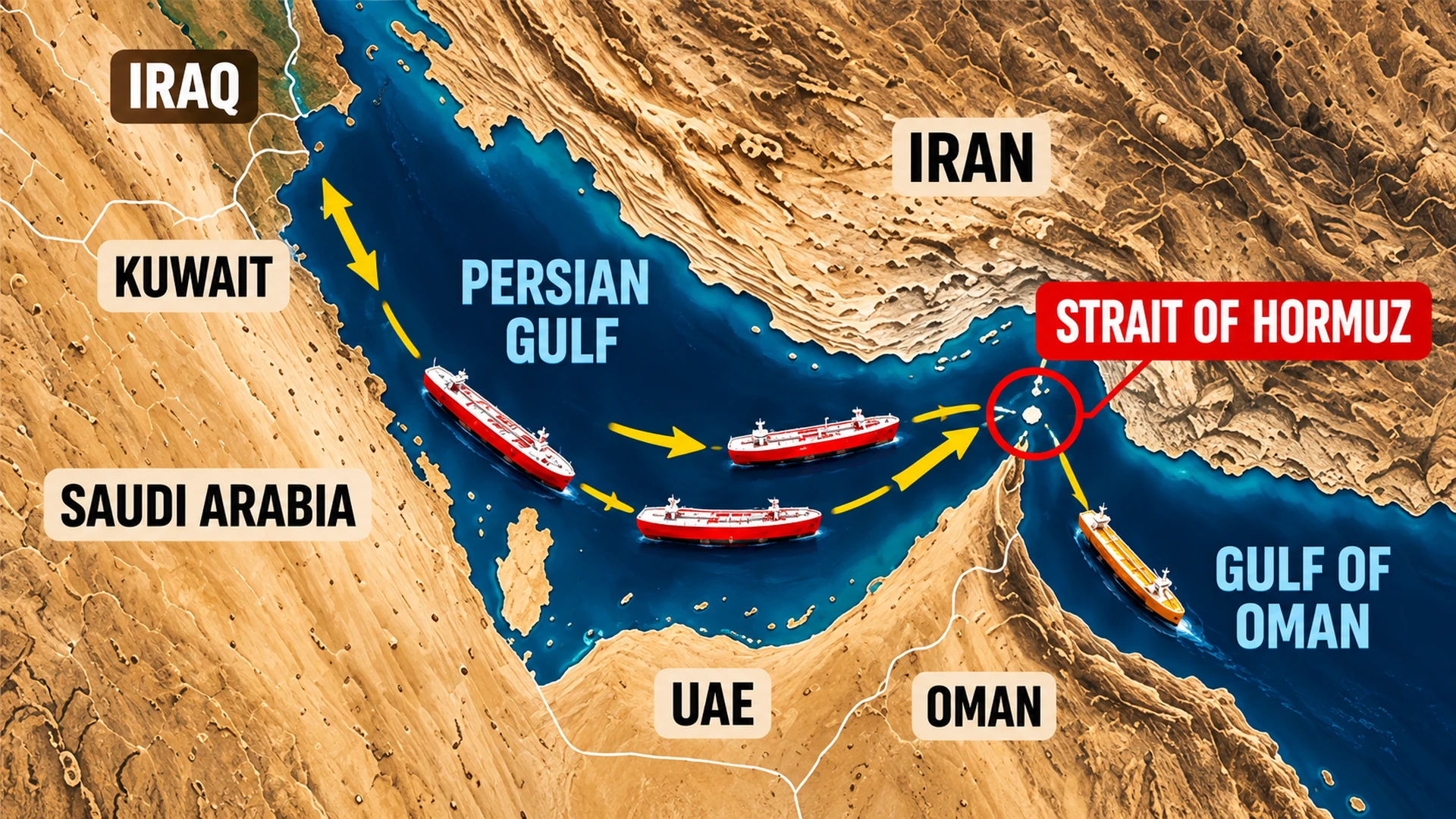 Geographic infographic showing the Strait of Hormuz between Iran and Oman connecting the Persian Gulf to the Gulf of Oman
