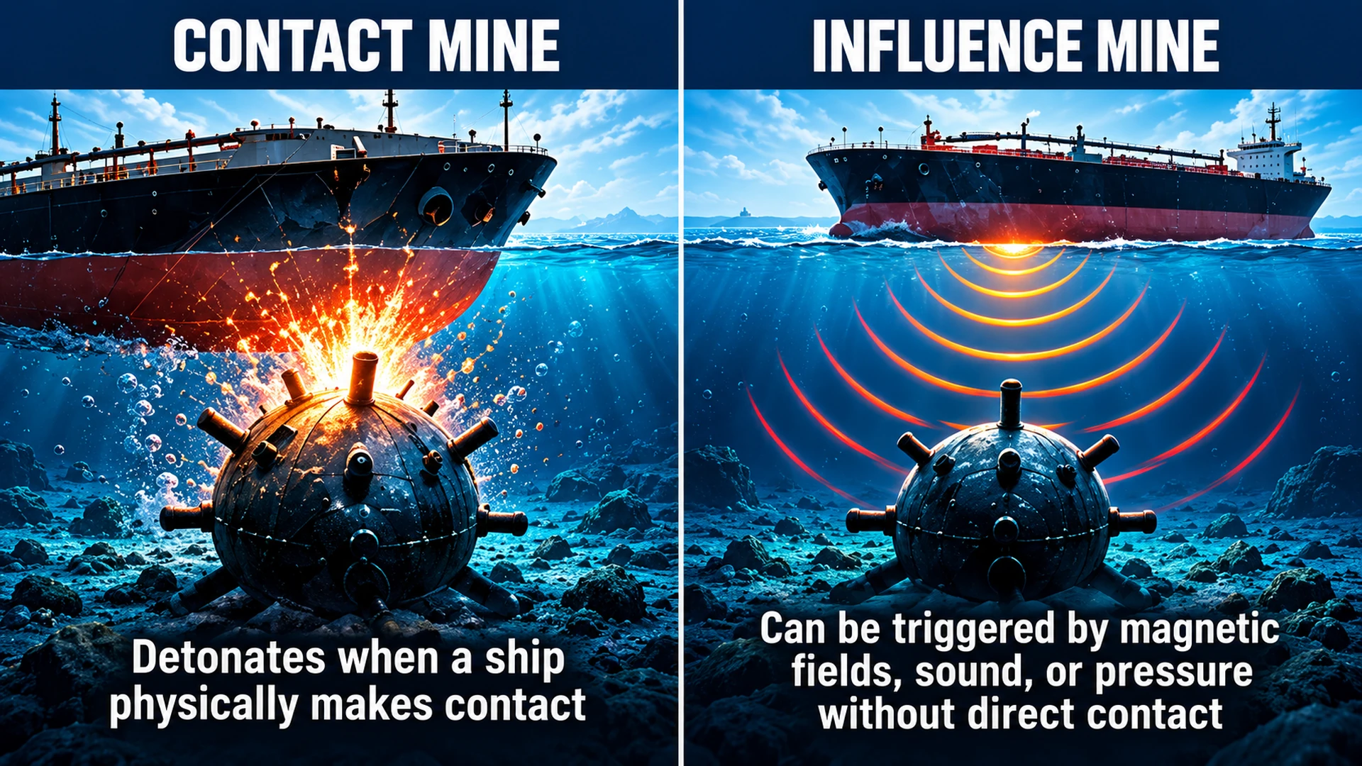 Educational diagram comparing contact naval mines with underwater mines activated by ship proximity sensors