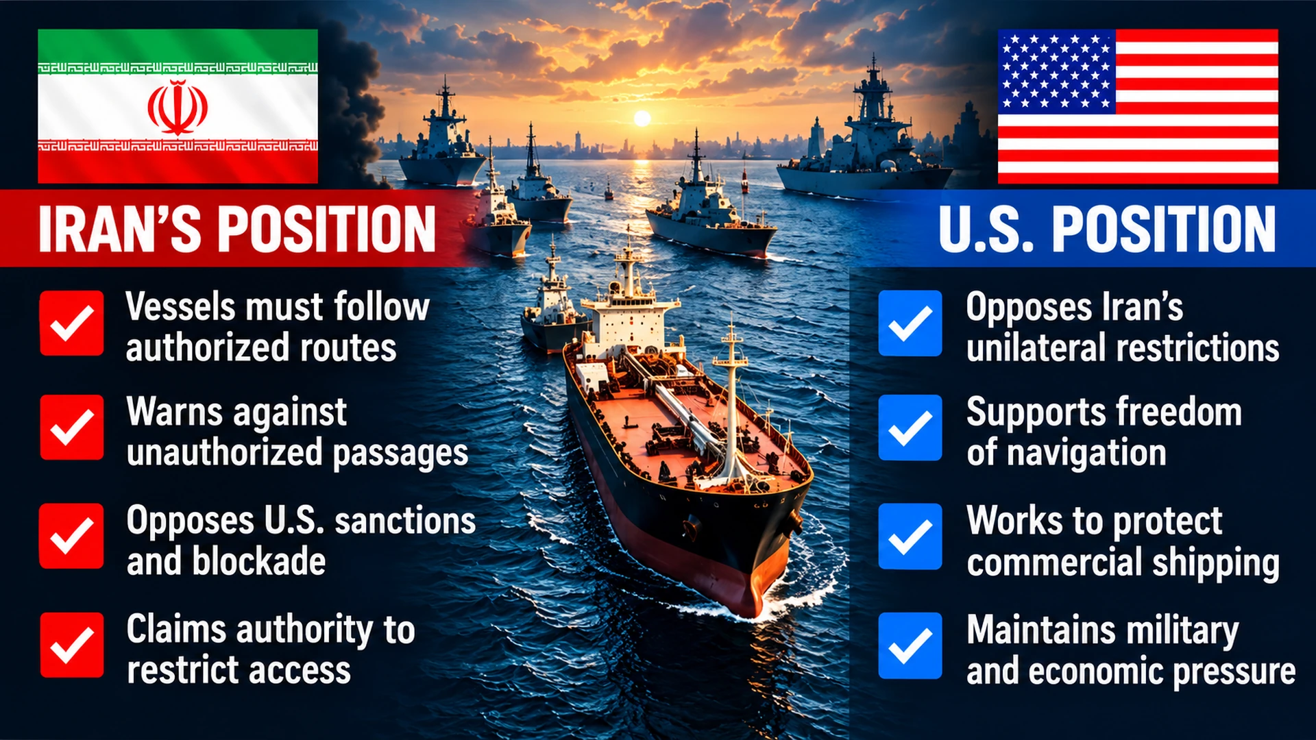 Neutral comparison graphic illustrating competing Iranian and U.S. positions on access and navigation through the Strait of Hormuz