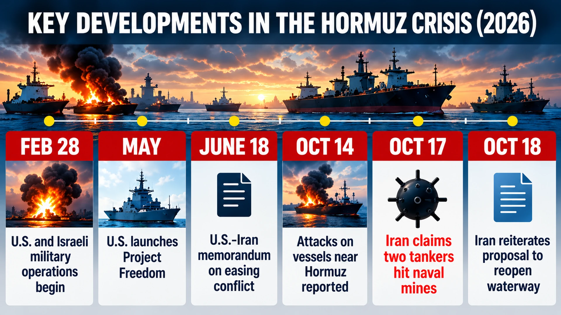 Timeline of major Strait of Hormuz shipping developments in 2026 leading to Iran's October 17 tanker mine allegations