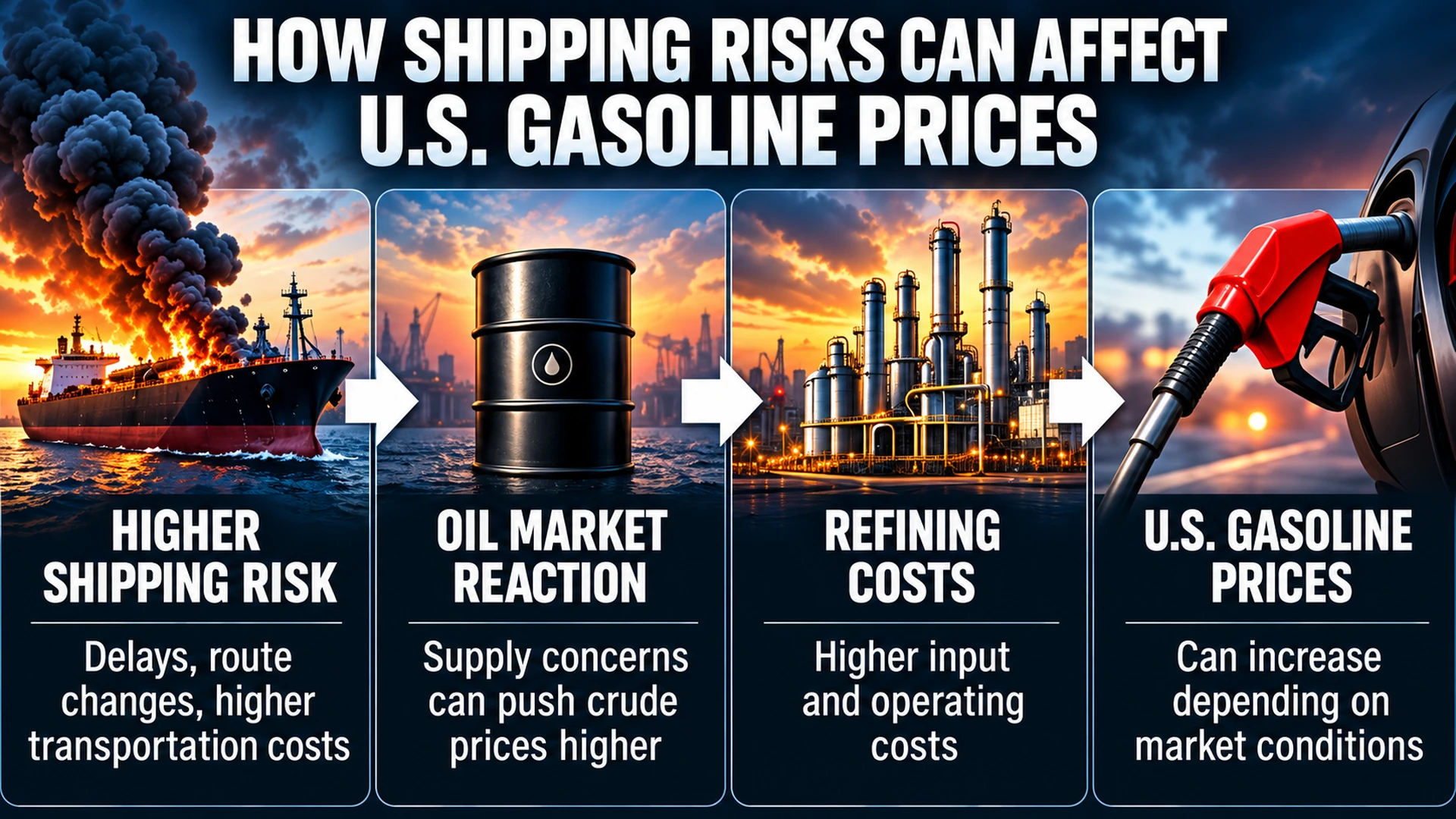 Flowchart illustrating how maritime security concerns in the Strait of Hormuz can affect oil transportation costs, global crude prices, and U.S. gasoline prices