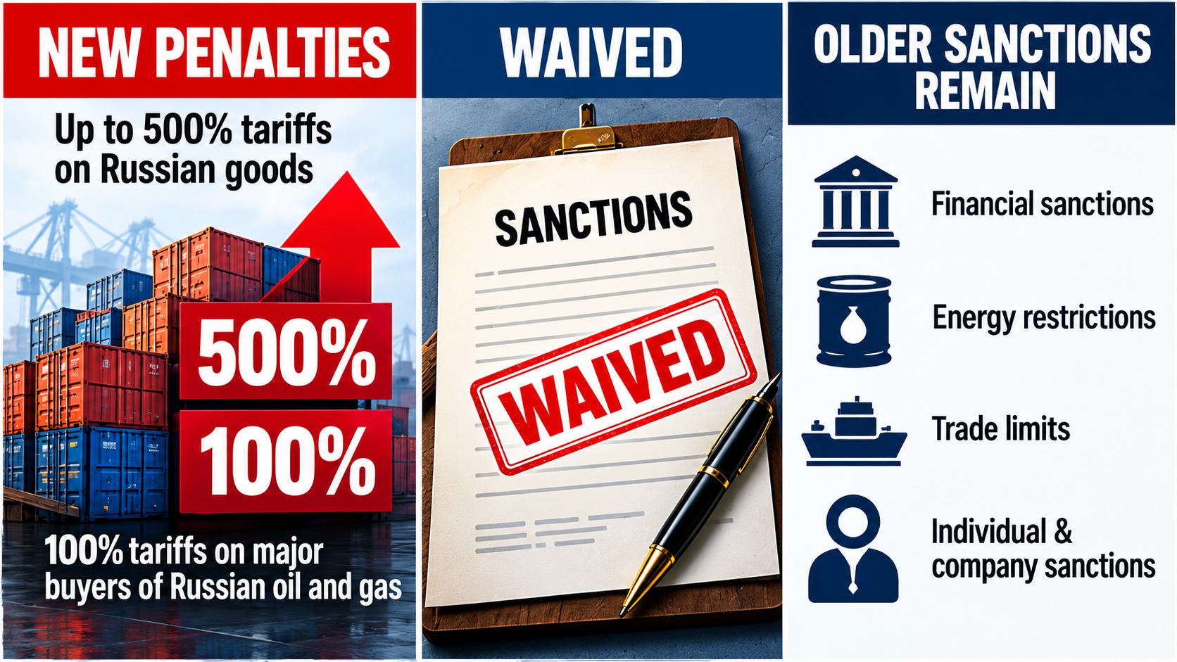 Infographic comparing the new Russia sanctions and tariffs authorized by the Graham Act with the provisions Trump waived in October 2026.
