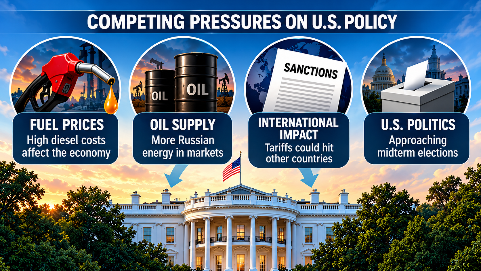 Editorial infographic showing the competing pressures of Russian energy sanctions, high U.S. diesel prices, international fuel supply, and the approaching midterm elections.