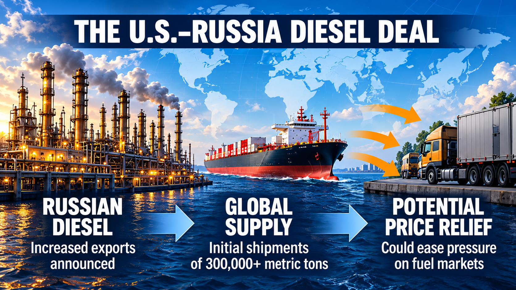 Infographic showing the announced flow of Russian diesel to international markets and the potential connection between fuel supply, prices, and sanctions policy.