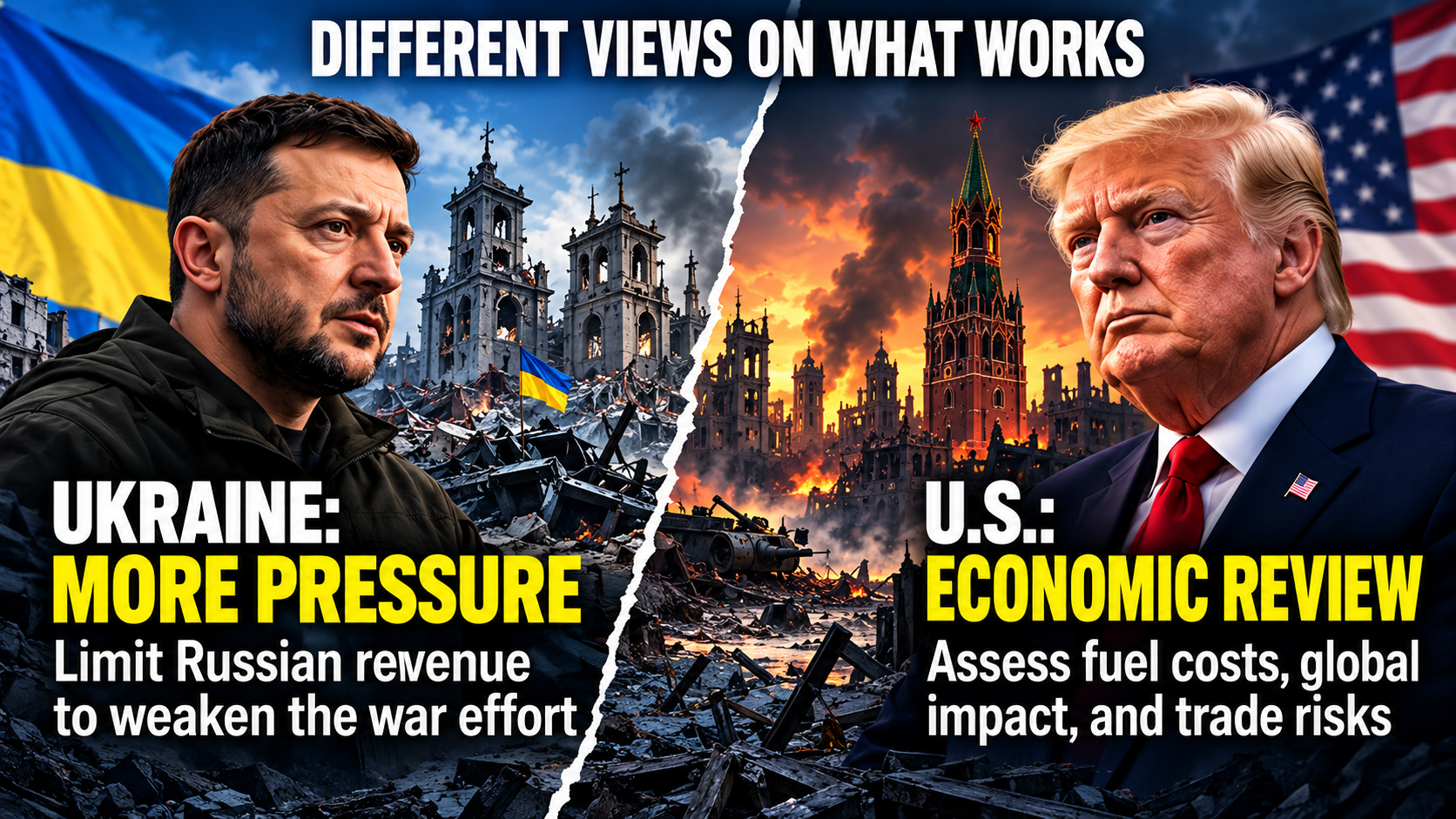 Editorial infographic contrasting Ukraine's desire for stronger economic pressure on Russia with the Trump administration's stated concerns about energy prices and international trade.