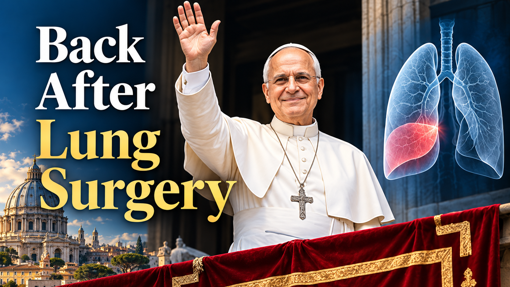 Editorial illustration of Pope Leo XIV returning to public view alongside a subtle medical graphic of the right lung