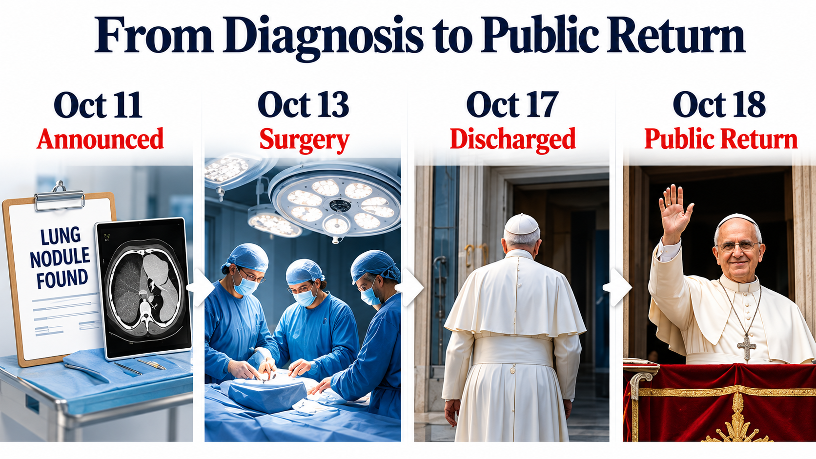 Four-step timeline of Pope Leo XIV's lung nodule announcement, October 13 surgery, October 17 discharge, and October 18 public appearance