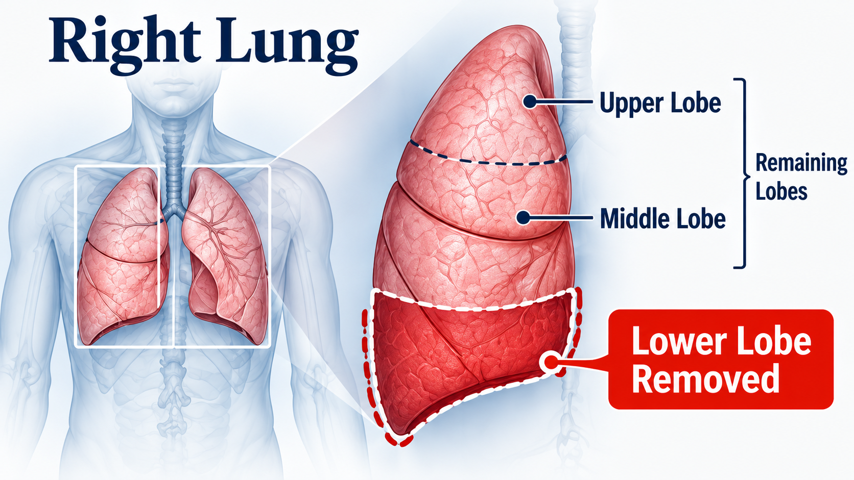 Medical diagram showing three lobes of the right lung with its lower lobe highlighted for removal in a lobectomy