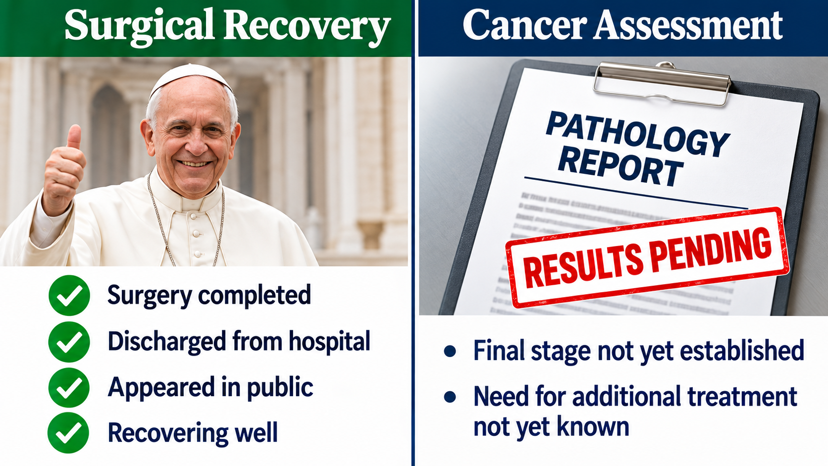 Two-track infographic distinguishing recovery from lung surgery from the separate process of determining cancer stage and future treatment