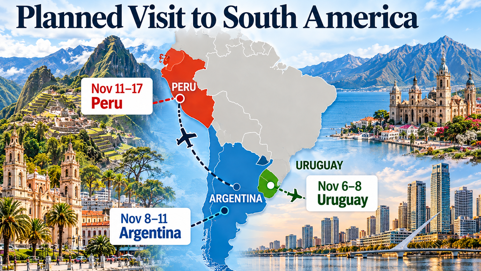Map-style itinerary graphic of Pope Leo XIV's planned November 6–17 visits to Uruguay, Argentina, and Peru