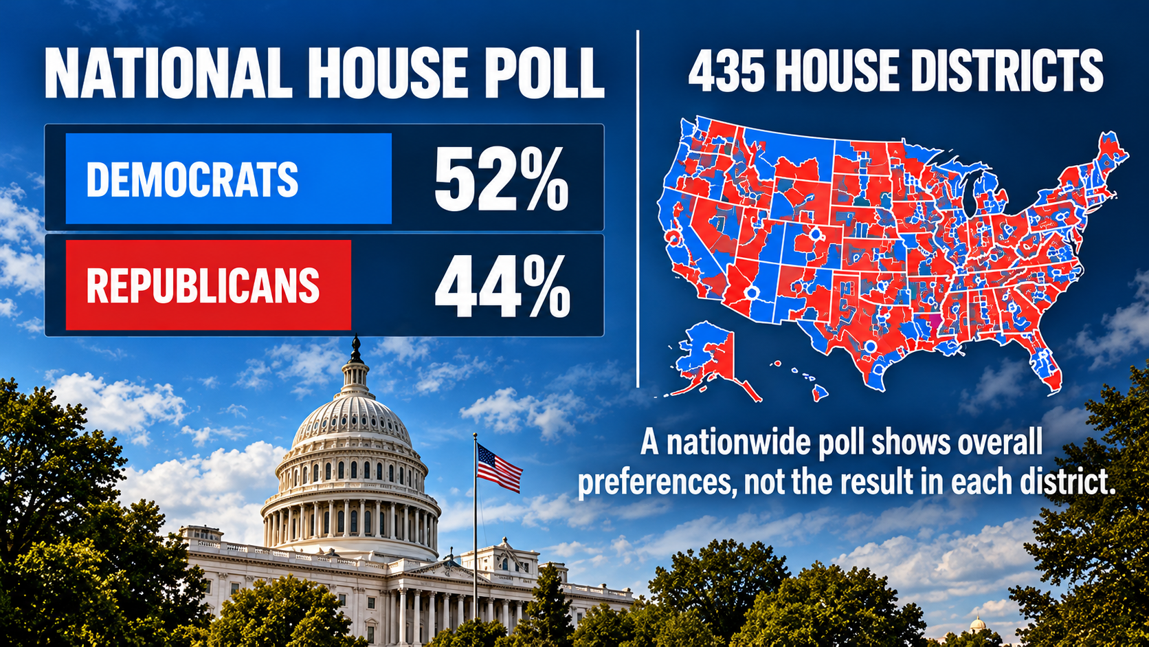 Infographic contrasting a national Democratic 52% to Republican 44% polling lead with the 435 separate U.S. House district elections