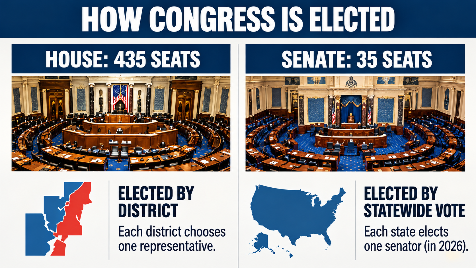 Comparison infographic showing all 435 House seats and 35 Senate seats contested in the November 2026 midterm elections