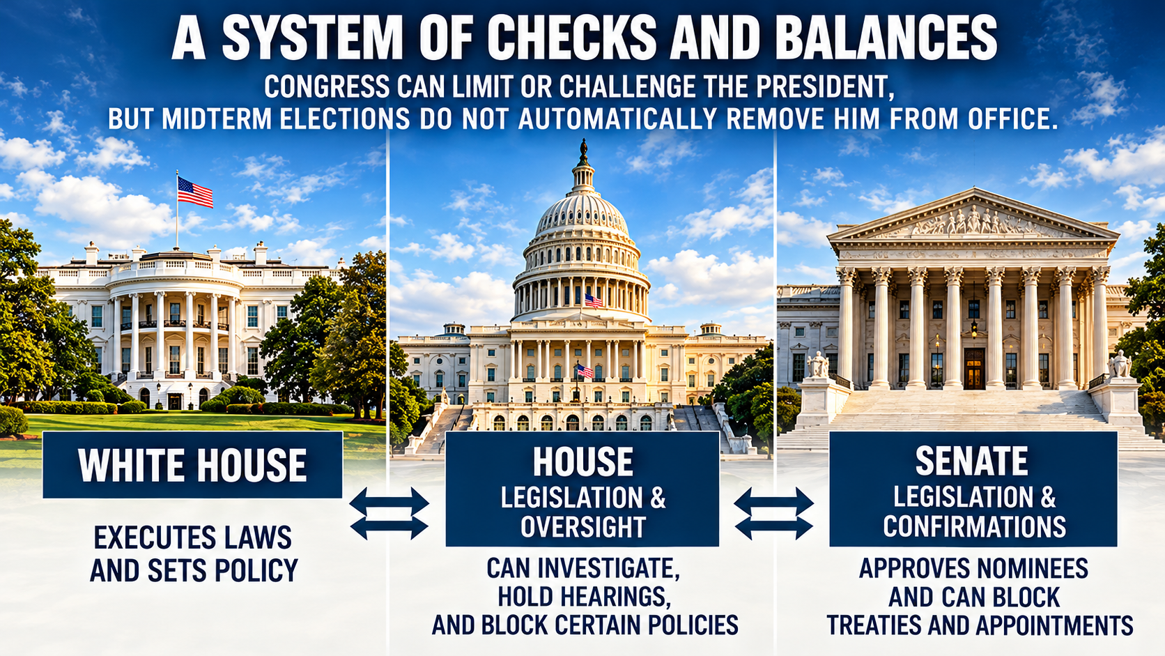 Institutional diagram comparing how a Democratic-controlled House and a Democratic-controlled Senate could affect President Trump's legislative agenda and oversight